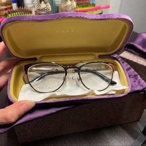 SOLD—Gucci Women Round Rims Black & Gold Eyeglasses Optical Frame GG01340